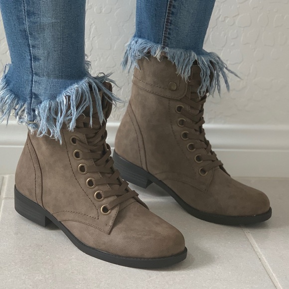 Taupe Fold Over Cuffed Lace Up Combat Boots - Picture 4 of 8